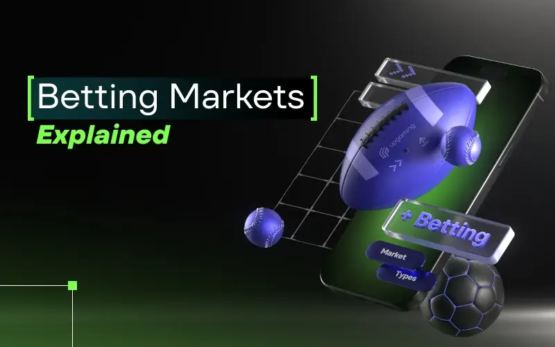 3D sports betting visualization featuring a mobile betting platform and betting market selection tools.