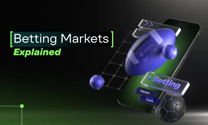 3D sports betting visualization featuring a mobile betting platform and betting market selection tools.